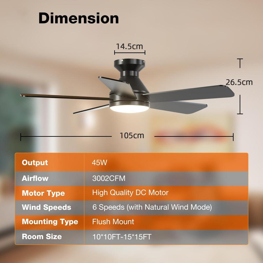 Konoha Ceiling Fan Light with Remote Control - Straight Blade, Flush Mount, 85-265V Wide Voltage Electric Fan.