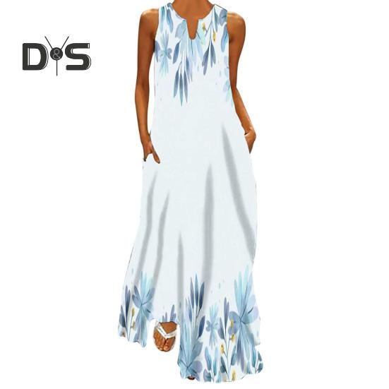 

Женское летнее платье с V-образным вырезом, без рукавов, с цветочным принтом, макси-платье с карманами, свободный крой, струящийся длинный сарафан S C