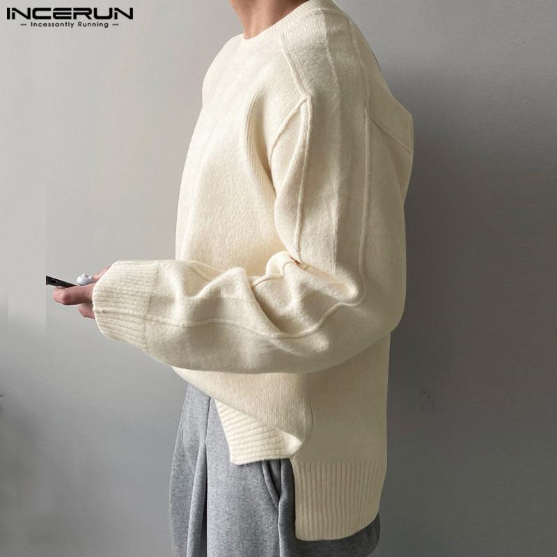INCERUN Men Autumn Thick Woolen Knitted Pullovers Solid Color High Low Sweaters