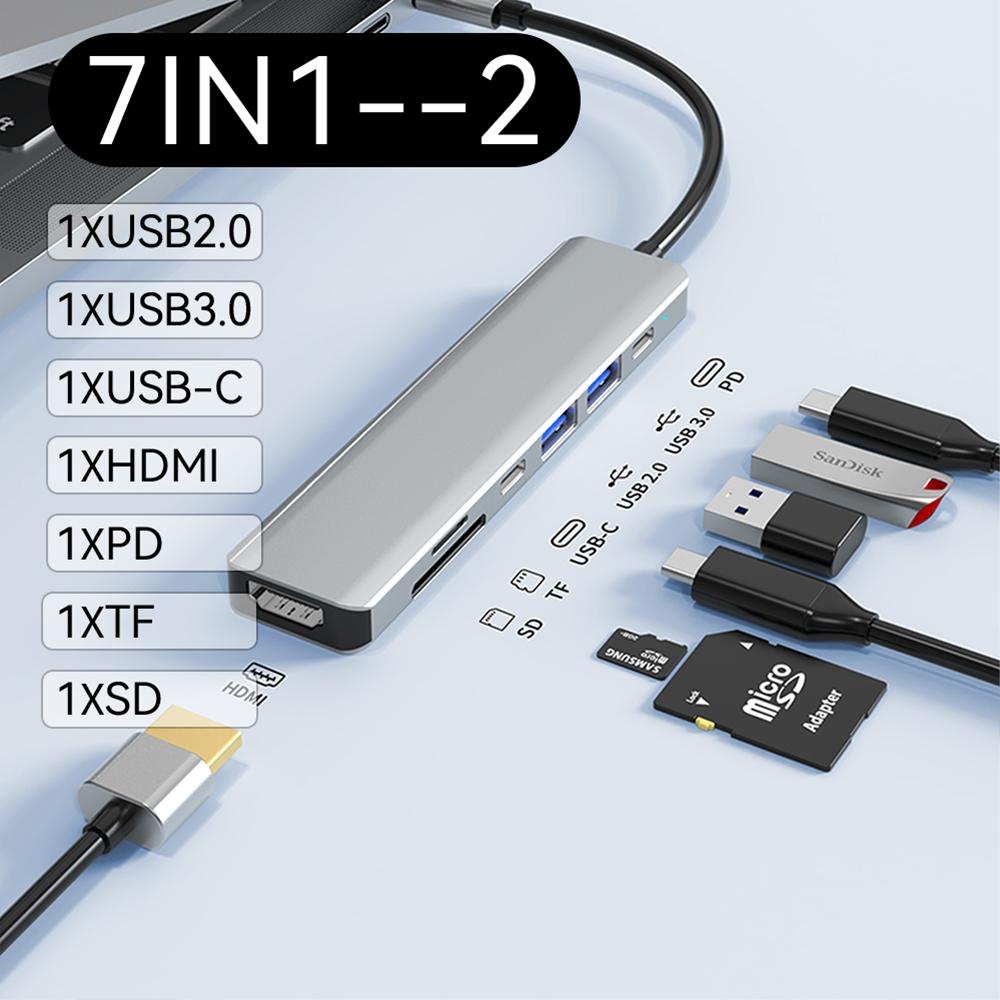 USB C Hub 7 In 1 Type C To HDMI With SD TF Cards Reader PD 100W Power 4K 60hz HDMI Docking Station 2-USB 2.0 for Laptop PC Macbook