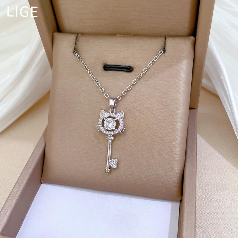 Cat Key Zircon Light Luxury Temperament Gorgeous Full Diamond Necklace Female Versatile Collarbone Chain Titanium Steel Chain