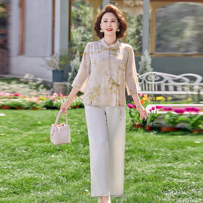 

2026 Summer Chiffon Blouse for Mothers: Mid-Aged & Elderly Women s 3/4 Sleeve Top 3XL (115-130 jin)