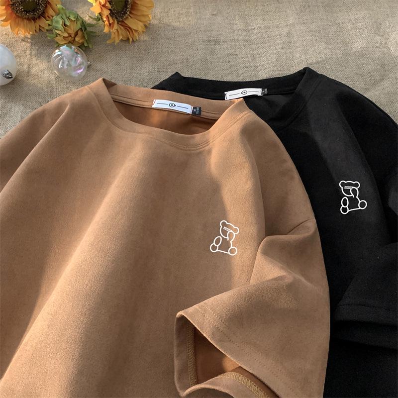 American Retro Men's Oversized Suede Short Sleeve T-Shirt - Trendy Summer Fashion, Small Collar, 5-Point Sleeve, 220g Heavyweight.