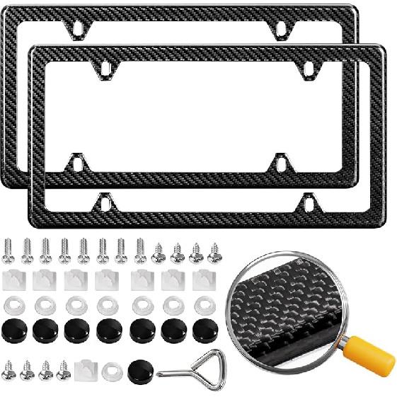 Real Carbon Fiber License Plate Frame, 100% Pure Carbon Fiber Frame, Black License Plate Holder Cover With Screw Caps, Anti-Vibration Pads, (Twill 2