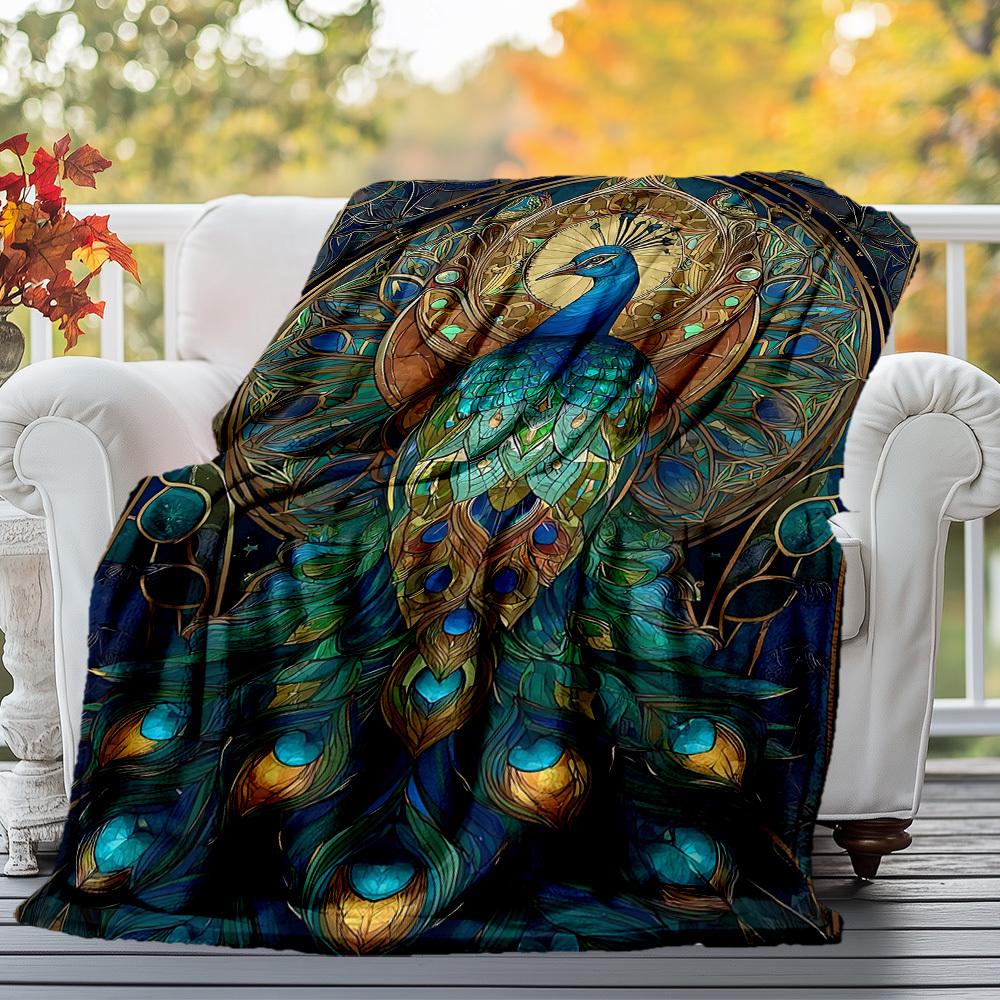 1PC Peacock Stained Glass Outdoor Flannel Blanket  Soft Plush Decor for Picnics, camping,Bedroom, Playroom, Lightweight , All Season1194A