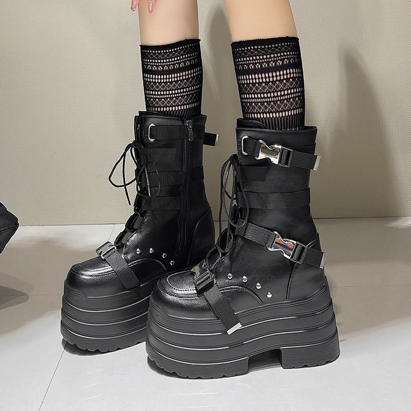 Fashion 13.5CM,17CM Women Punk Boots Autumn Platform Outdoor Leather Sneakers Chunky Motorcycle Boots Nightclub Party Cosplay Shoes