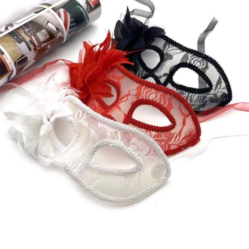 Women Sexy Translucent Lace Mask with Gauze Flower Half-Face Eye Cover for Masquerade Party Halloween Nightclub Dress Up