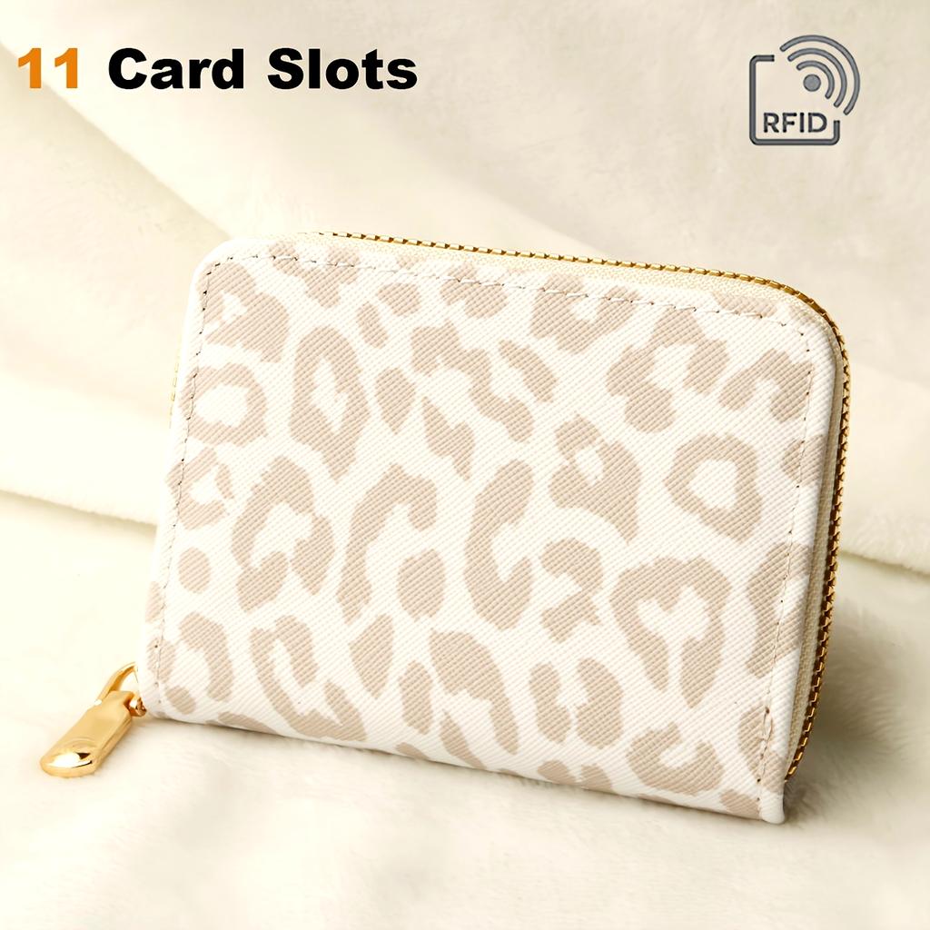 Fashionable Leopard Print Mini Wallet With RFID Blocking, PU Material Purse With Zipper Closure And 11 Card Slots(4.3''x 3.1'')