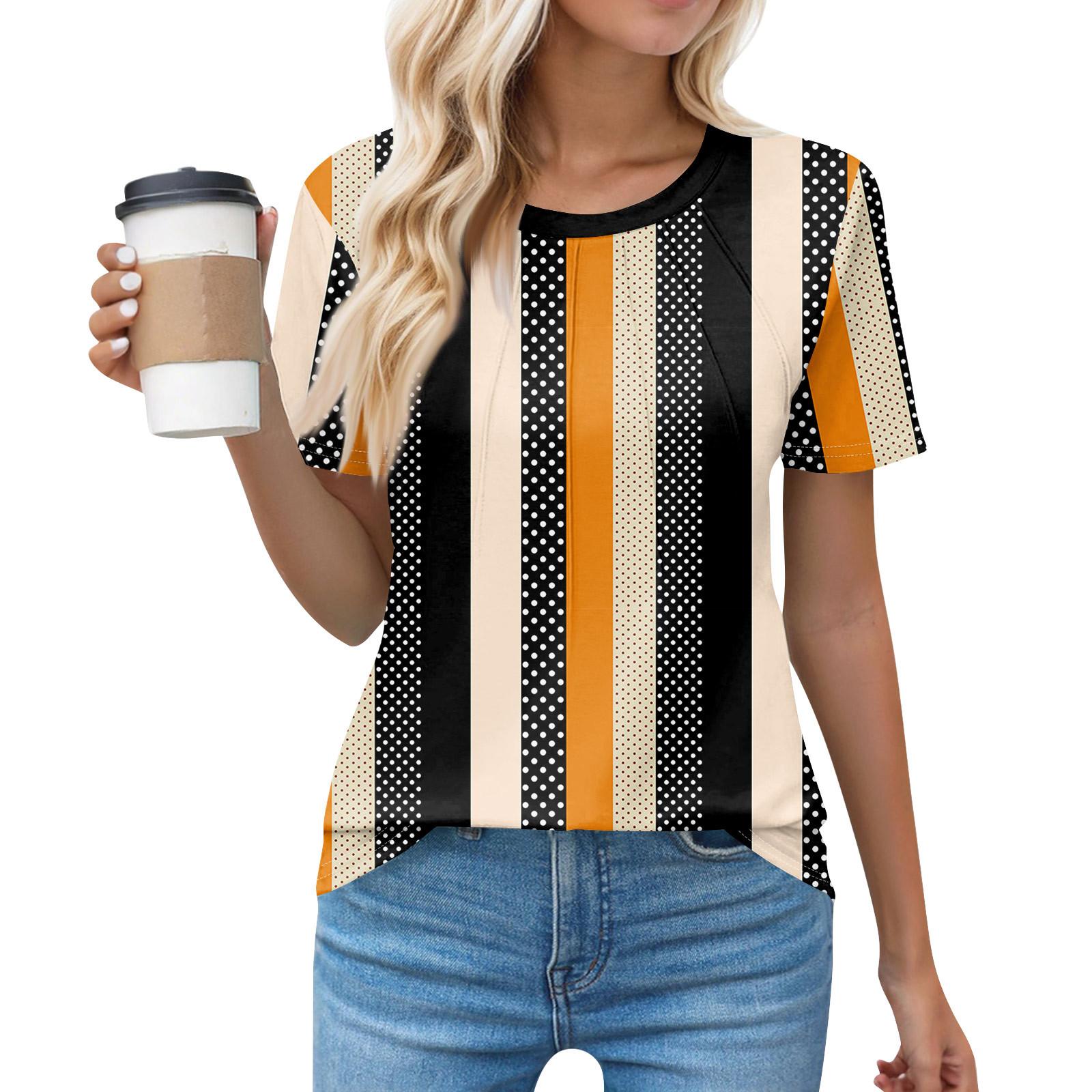 

Футболки для жінок плісировані з круглим вирізом Одягнені повсякденні блузки з принтом з короткими рукавами Літні топи вільного крою XL помаранчевий