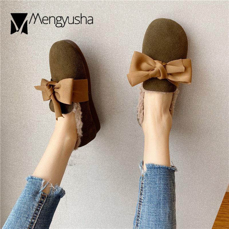 Fashion Nubuck Cow Leather Flats Woman Silk Bow-knot Furry Loafers Ladies Plush Winter Shoes Plus Size 35-42 Genuine Leather Moccasins