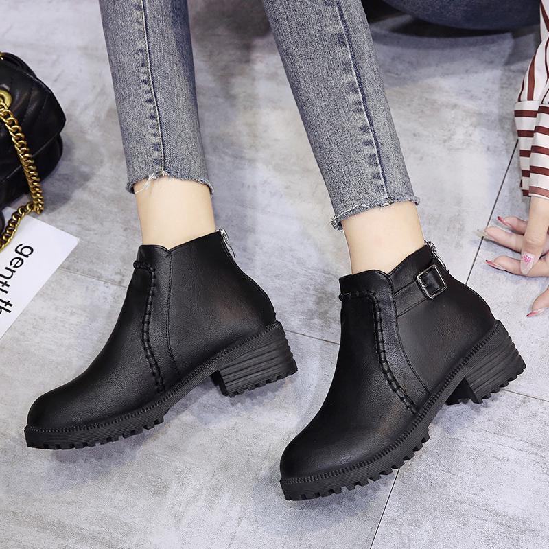 Fashion Fashion Women's Ankle Boot Zipper Low Chunky Heels Vintage Leather Shoes for Women Buckle Strap Round Toe Casual Short Boots 43
