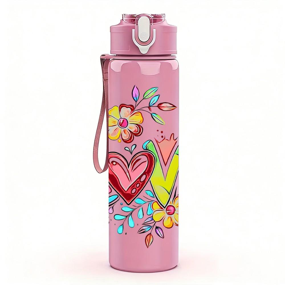 1PC Love Word Doodle Mixed Floral Decor Print 750ml Color Plastic Sports Water Bottle Leakproof Flip Straw Lid Suitable for Sports Office Home Use
