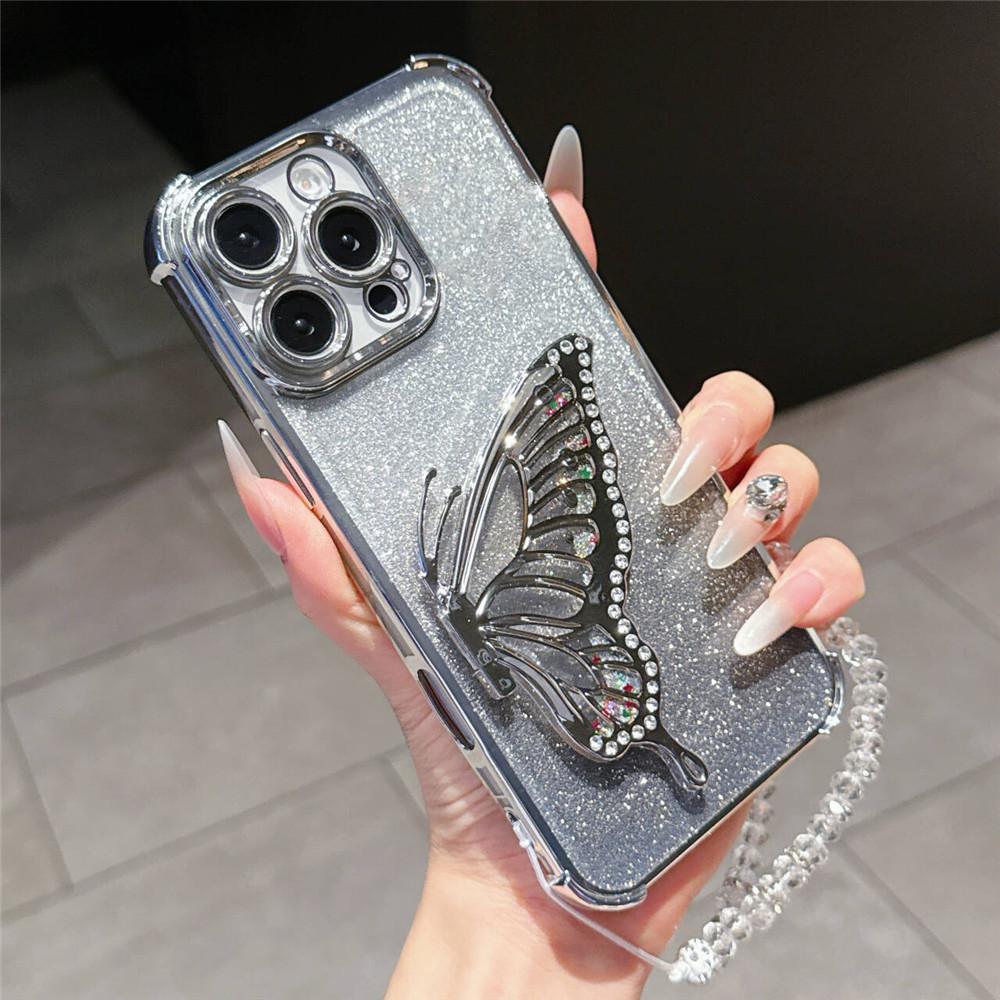 Redmi Note 14 Pro 5G Shockproof Glitter Butterfly Holder Stand Case For Xiaomi Redmi Note 14S 13 14 Pro Plus Crystal Chain Cover