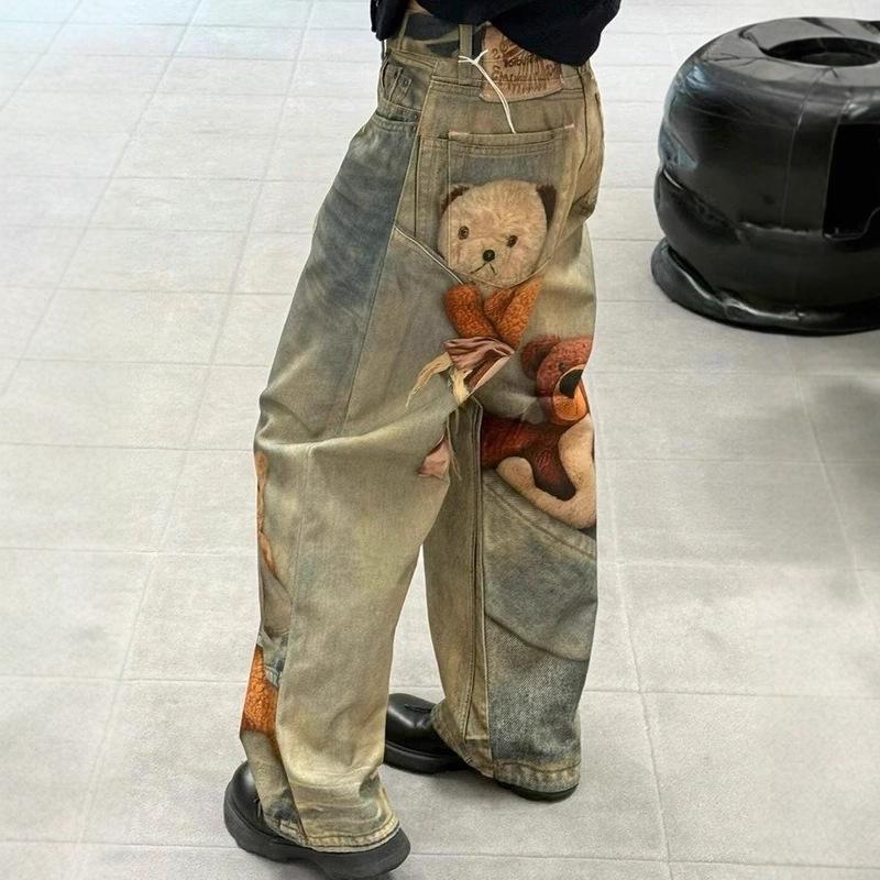 Correct version ac2025 autumn and winter niche design sense bear trompe l'oeil printing loose straight jeans women