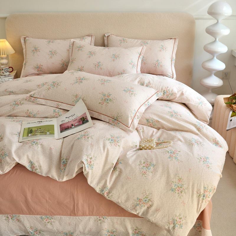 Fresh & Simple Pure Cotton Four-Piece Printed Dorm Set – Includes Three-Piece All-Cotton Bed Sheet, Bed Skirt, and Bedding Set.