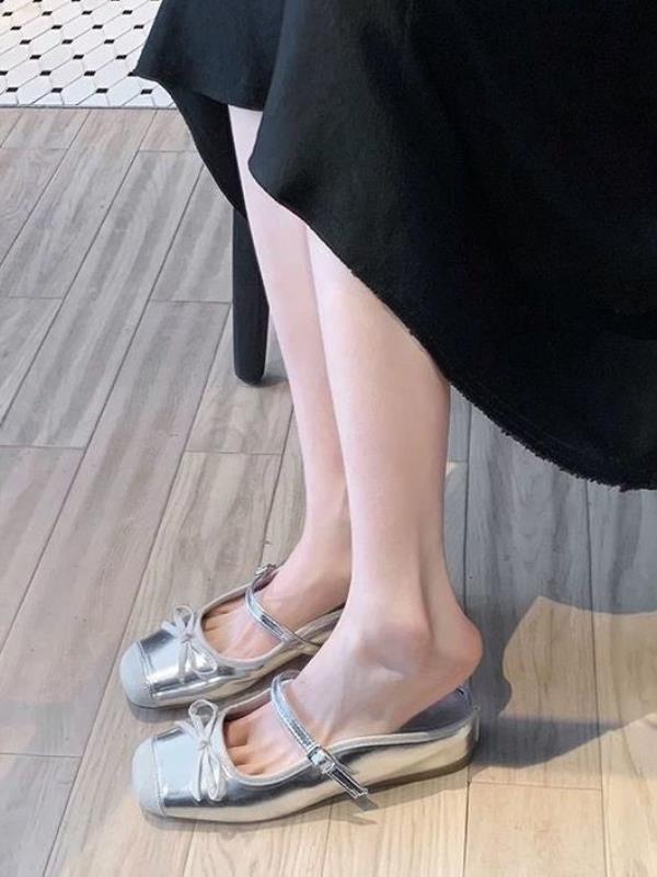 Fashion Shoes Increased Internal Mules For Women 2025 Ladies' Slippers Cover Toe Butterfly-Knot Silver Mary Janes Butterfly-knot
