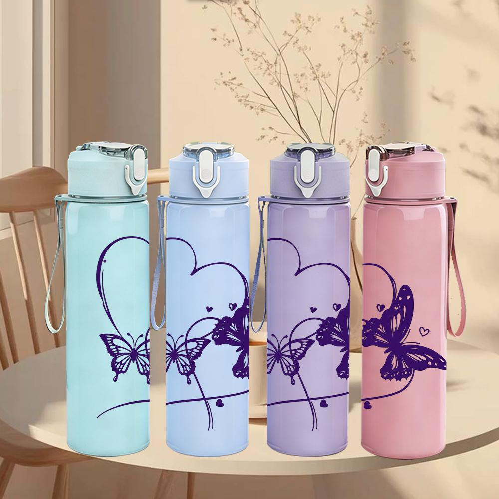 1PC Purple Butterfly Thin Heart 750ml Color Plastic Sports Water Bottle Leakproof Flip Straw Lid Suitable for Sports Office Home Use