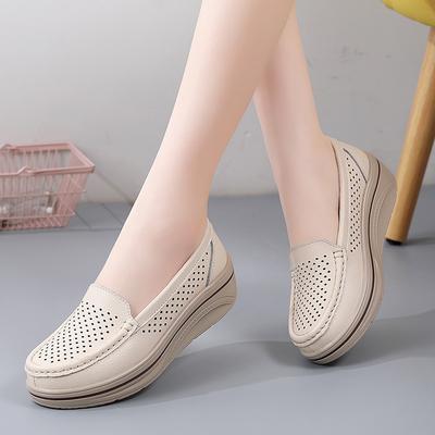 Genuine Leather Women's Shoes Spring and Summer New Hollowed-out Heeled Single Shoes Thick Sole Rocking Shoes Large Size Mother's Shoes