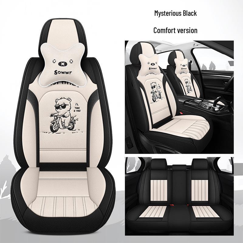 All-Season Linen Car Seat Cover - Breathable, Full Coverage with Cute Cartoon Design for Autumn/Winter