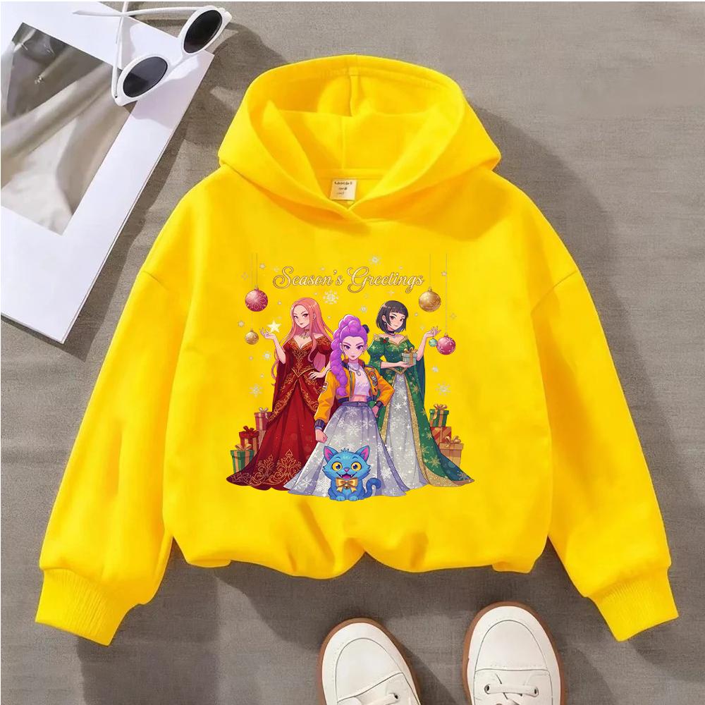 Festive Christmas Kids Hoodie with Adorable Anime Girls and Cute Cat Design for Season's Greetings