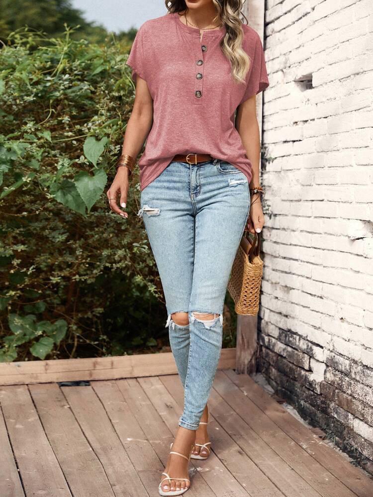 2023 Spring/Summer Women's Solid Twist-Button Short-Sleeve Top