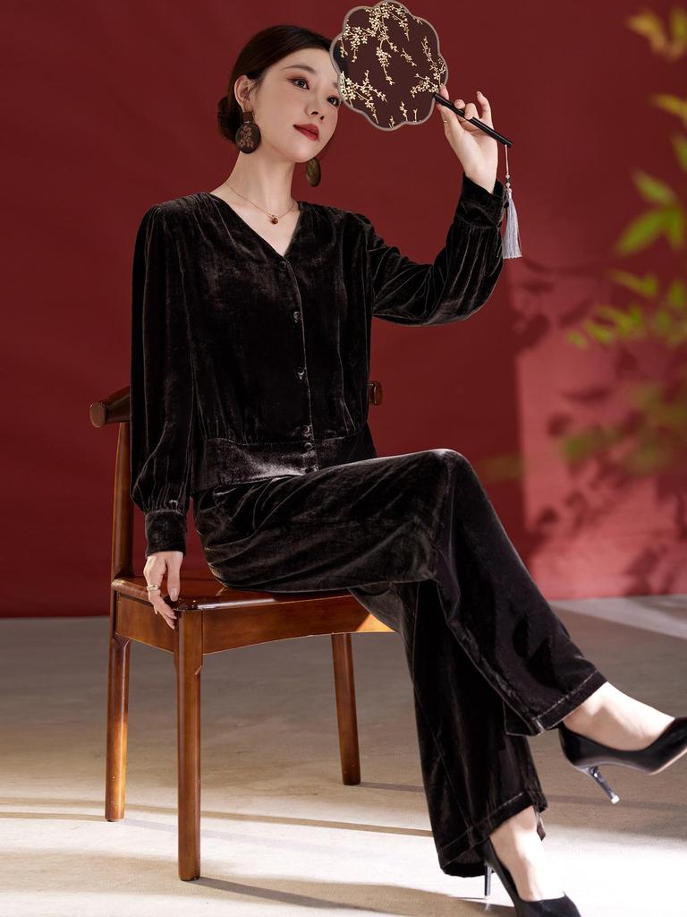 Silk Velvet High-Waist Wide-Leg Pants - Plus Size, Slimming, Mulberry Silk, Casual.