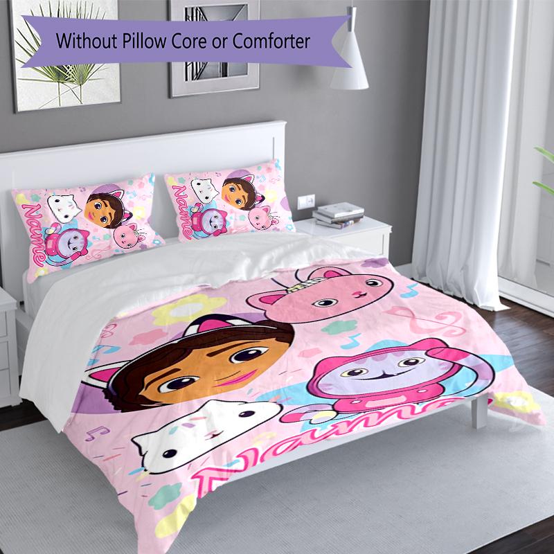 3-teiliges personalisiertes Gabby's Dollhouse Bettwäsche-Set, Enthält 1 Bettbezug und 2 Kissenbezüge, Ganzjahres-Schlafzimmerdekoration