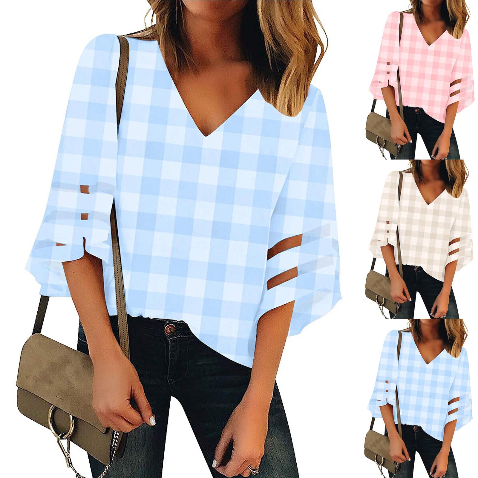 

Женская летняя мода с V-образным вырезом, рубашка с рукавами три четверти, пуловер, блузка