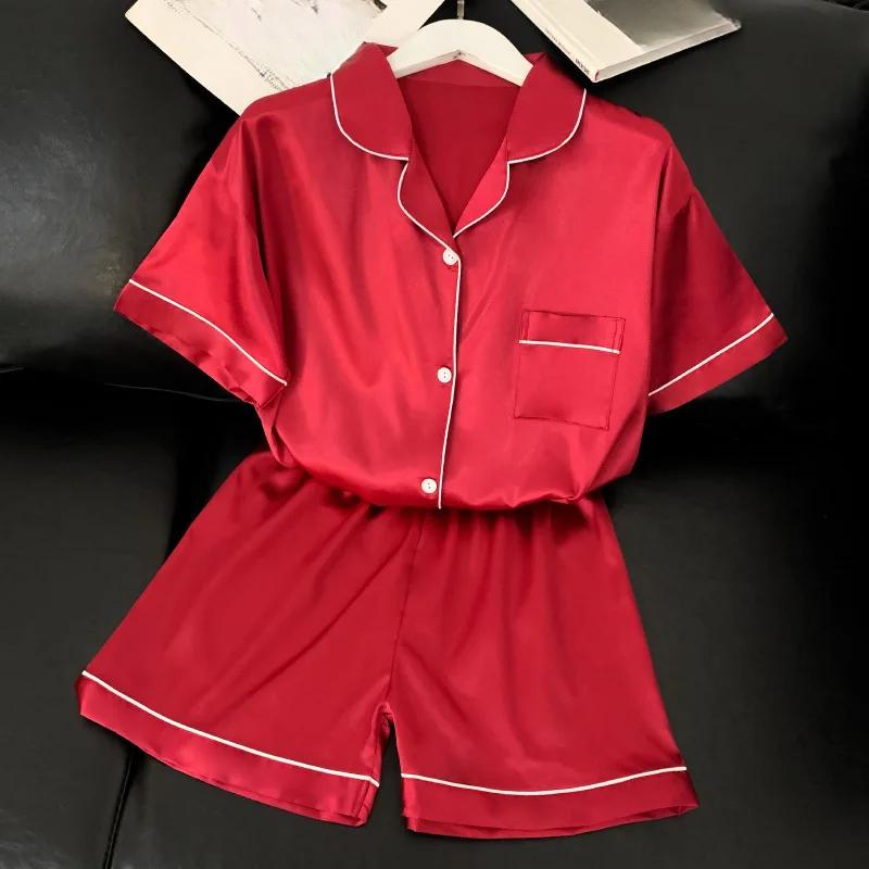 

Пижамные комплекты для женщин, летние пижамы из атласа Ice Silk, гладкие высококачественные красные шорты с коротким рукавом, комплект пижамы Sweet Home S