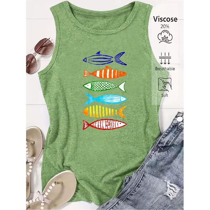Women's sleeveless vest with watercolor line fish print, premium quality, fun and trendy, suitable for spring and summer.