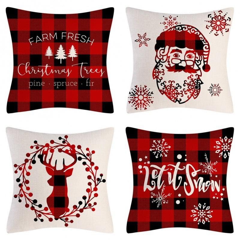 New Christmas Throw Pillow Cushion Home Decoration Short Plush Linen Printed Throw Pillow Cover
