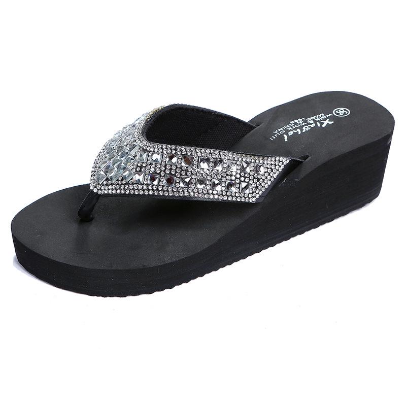 Women's Rhinestone Slide Sandals - Fashionable Summer Wedge Flip-Flops for Outdoor and Beach Wear