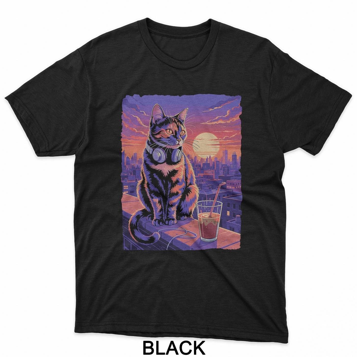 Cool Sunset Dj Cat Headphones Chill Urban Aesthetic T-Shirt XL