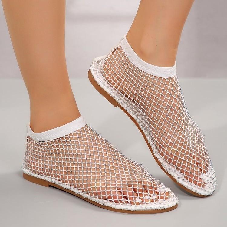 Sandali Romani Piatto Eleganti da Donna Decorati con Cristalli Tessuto a Rete Traspirante Moda Primavera Estate 2024