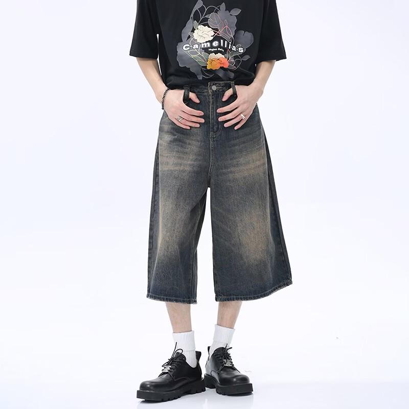 VOGUO RELAY Men s Distressed Wide-Leg Cropped Denim Shorts M