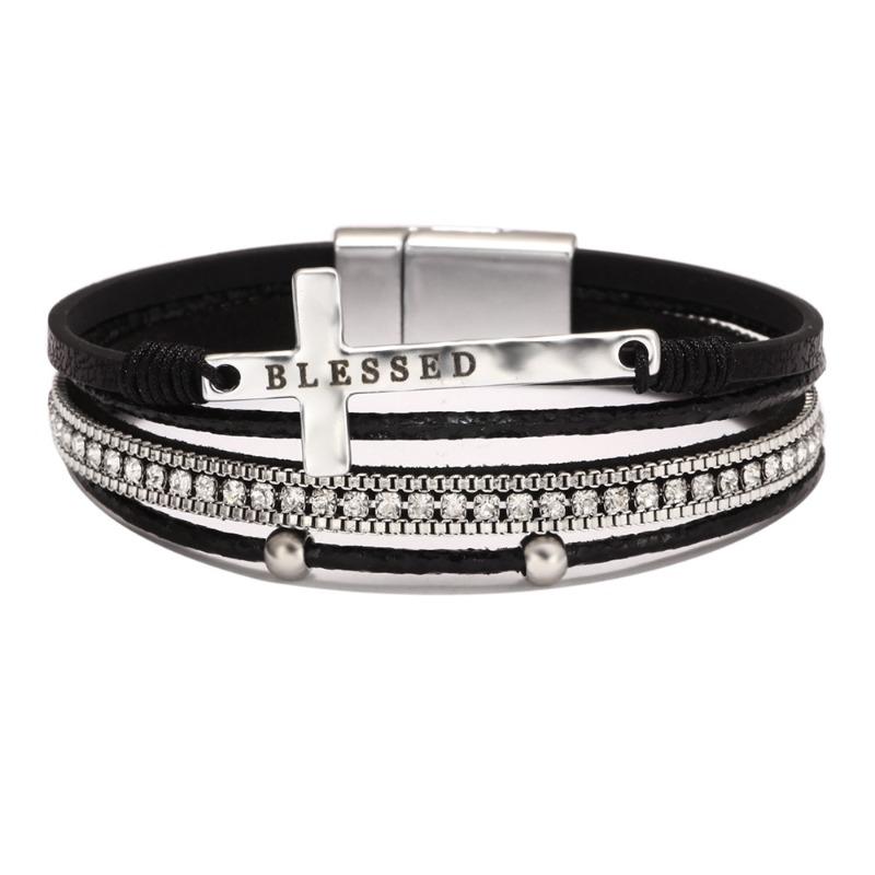 Boho Style Cross Bracelet, Light Luxury Micro-diamond Magnetic Buckle Bracelet, PU Leather Bracelet