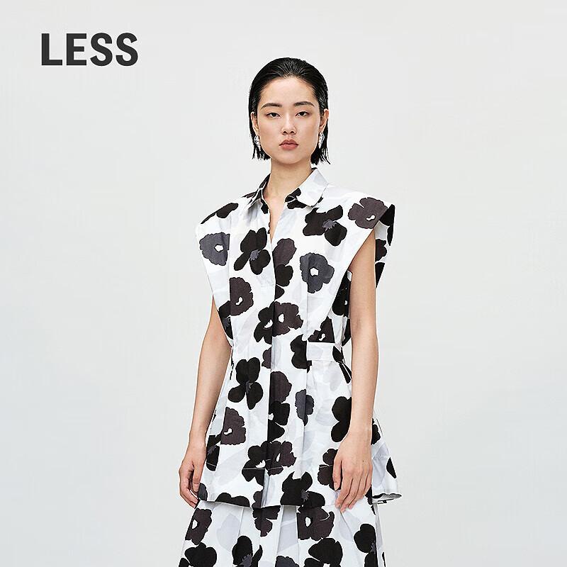 LESS 2025 Summer Cotton Polo Collar Printed Shirt