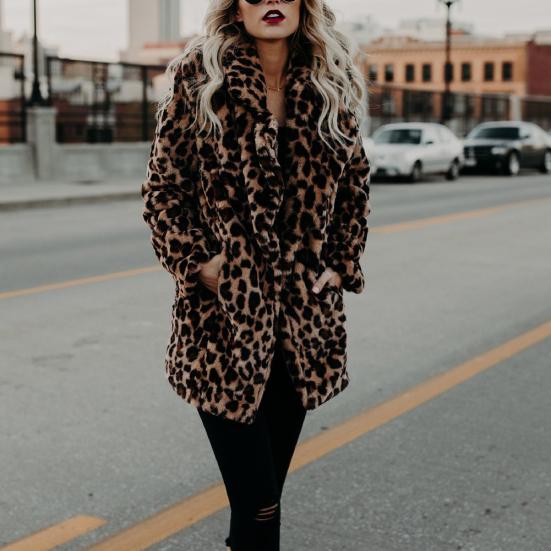 Luxury Women Long Sleeve Lapel Collar Print Woolen Leopard Thick Warm Midi Coat