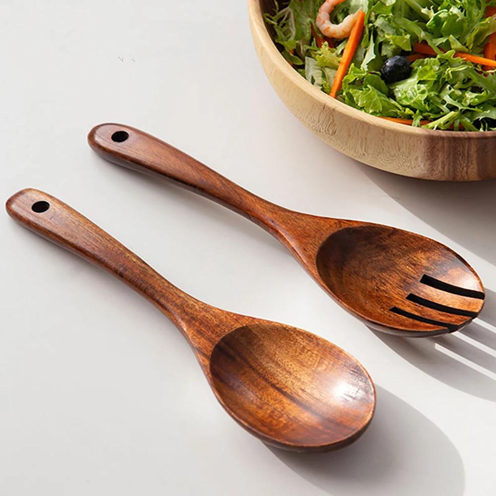 2Pcs Wooden Large Spoon Fork Cutlery Set Japanese Style Long Handle Serving Salad Scoop Dinnerware Set Tableware Kitchen Utensil