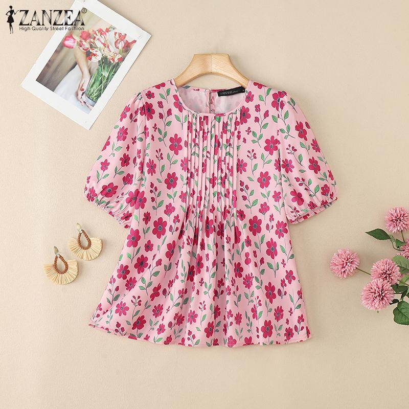 

ZANZEA Жіноча літня блузка з короткими рукавами та круглим вирізом з квітковим принтом 5XL синій