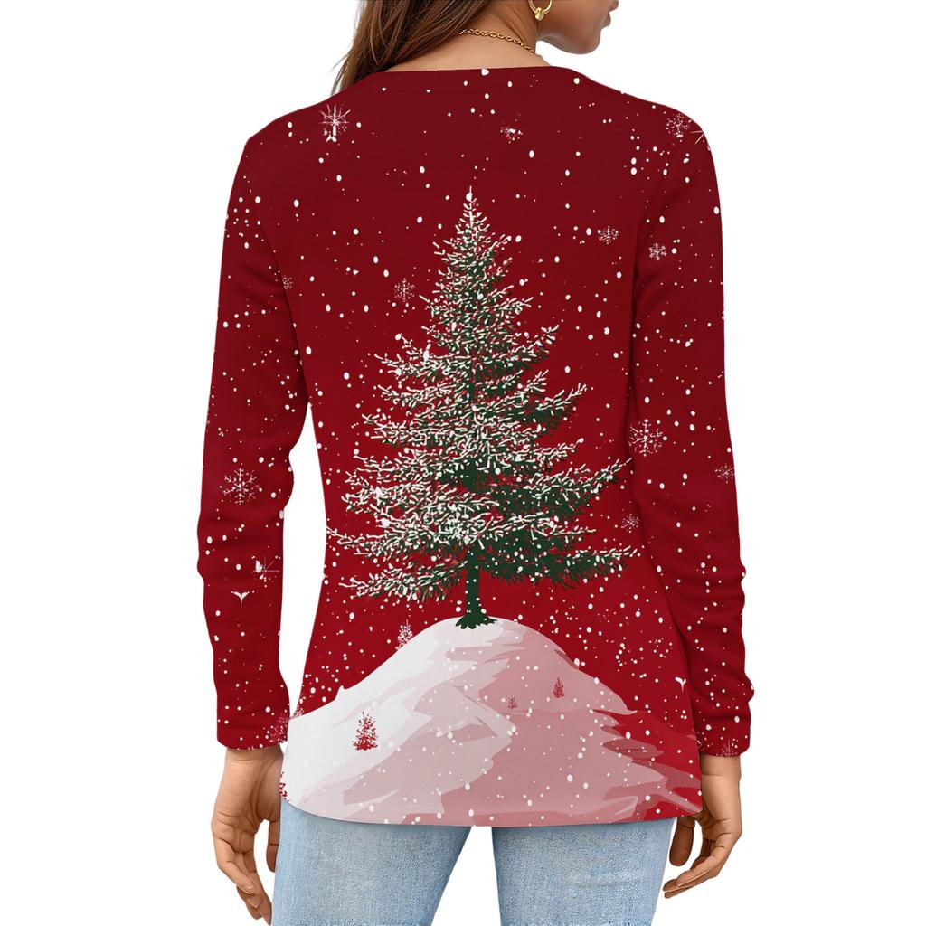 Women's Fashion Casual Slit Hem Round Neck Long Sleeve Loose Christmas Printed T-Shirt Ladies Top