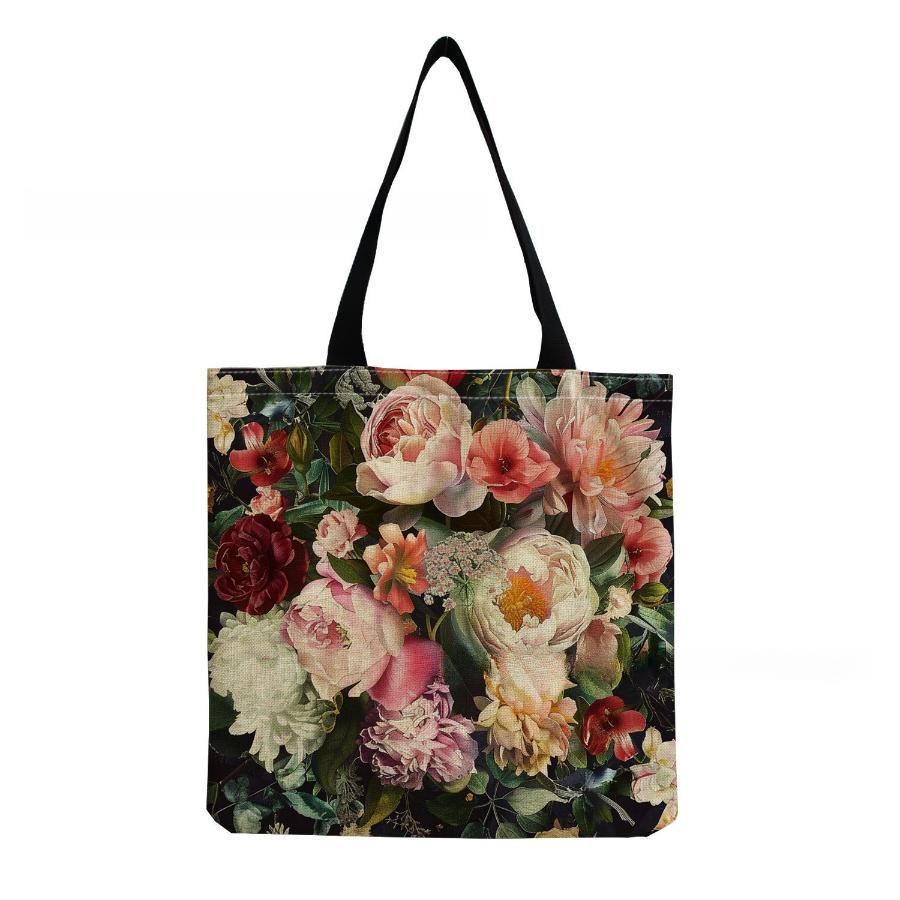 Damen Vintage Leinen-Tragetasche - Große Kapazität Blumenmuster Schulter-Handtasche für Freizeit & Lebensmitteleinkauf KTB