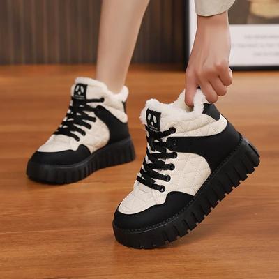 Mode Damen Baumwollschuhe 2024 Winter Neuer Stil mit Plüsch Dicke Sohle Sportschuhe, Rutschfest und Warm Schnürstiefel mit hohem Schaft
