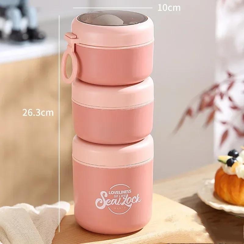 Stainless steel 3-layer Soup Cup Lunch Container Set 3 Separate Stackable Lunch Box with Spoon Food Containers for Adults Kids