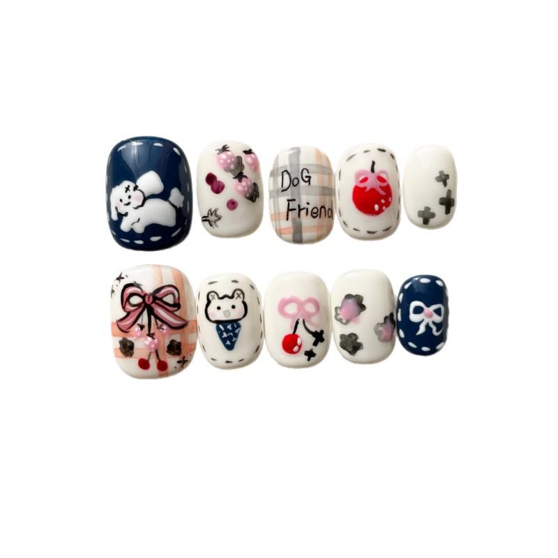 Hand-Painted Press-On Nails Short Square Cat Eye Design Cute Kawaii Style Wearable Nail Tips Women