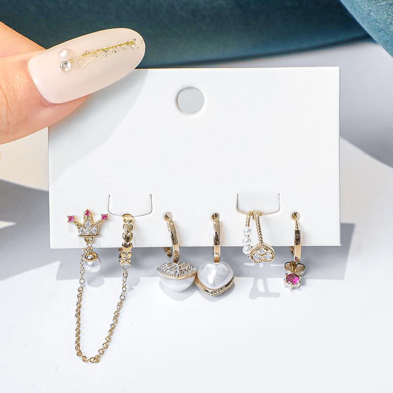 ANENJERY Pearl Three-dimensional Heart Crown Chain Clip Earrings Hoops Female Statement 6-piece Earrings Set