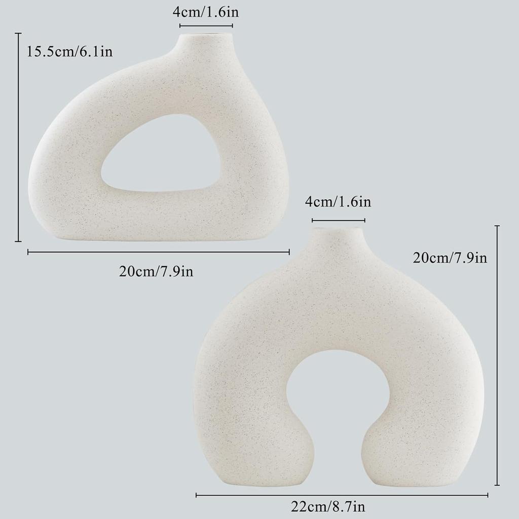White Ceramic Vase Set of 2 for Home Decor, Round Matte Donut Vases for Pampas Grass, Nordic Style Flower Vases for Living Room Table Office Bedroom