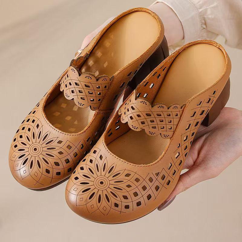 Women's Summer New Leather Hollow Out Block Heel Sandals Soft Sole Non Slip Baotou Outdoor Half Slippers High Heel Sandals