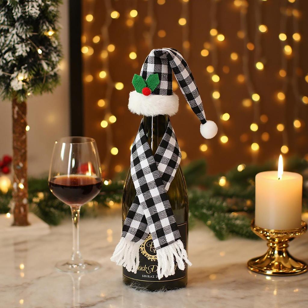 Festive Gingham Wine Bottle Covers - Tabletop Christmas Decoration Set