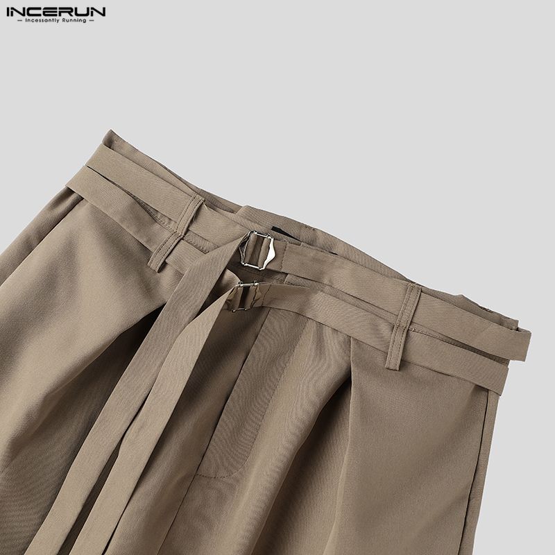 INCERUN Men Double Buckle Belt Drape Loose Fit Wide Leg Pants Long Trousers